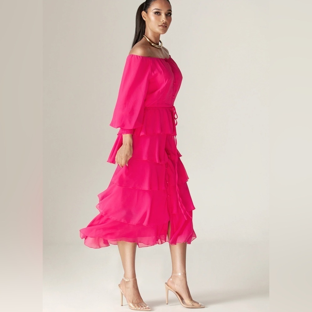 Alieva | New Dorra chiffon Hot a pink tiered ruffle midi dress Womens size L NWT